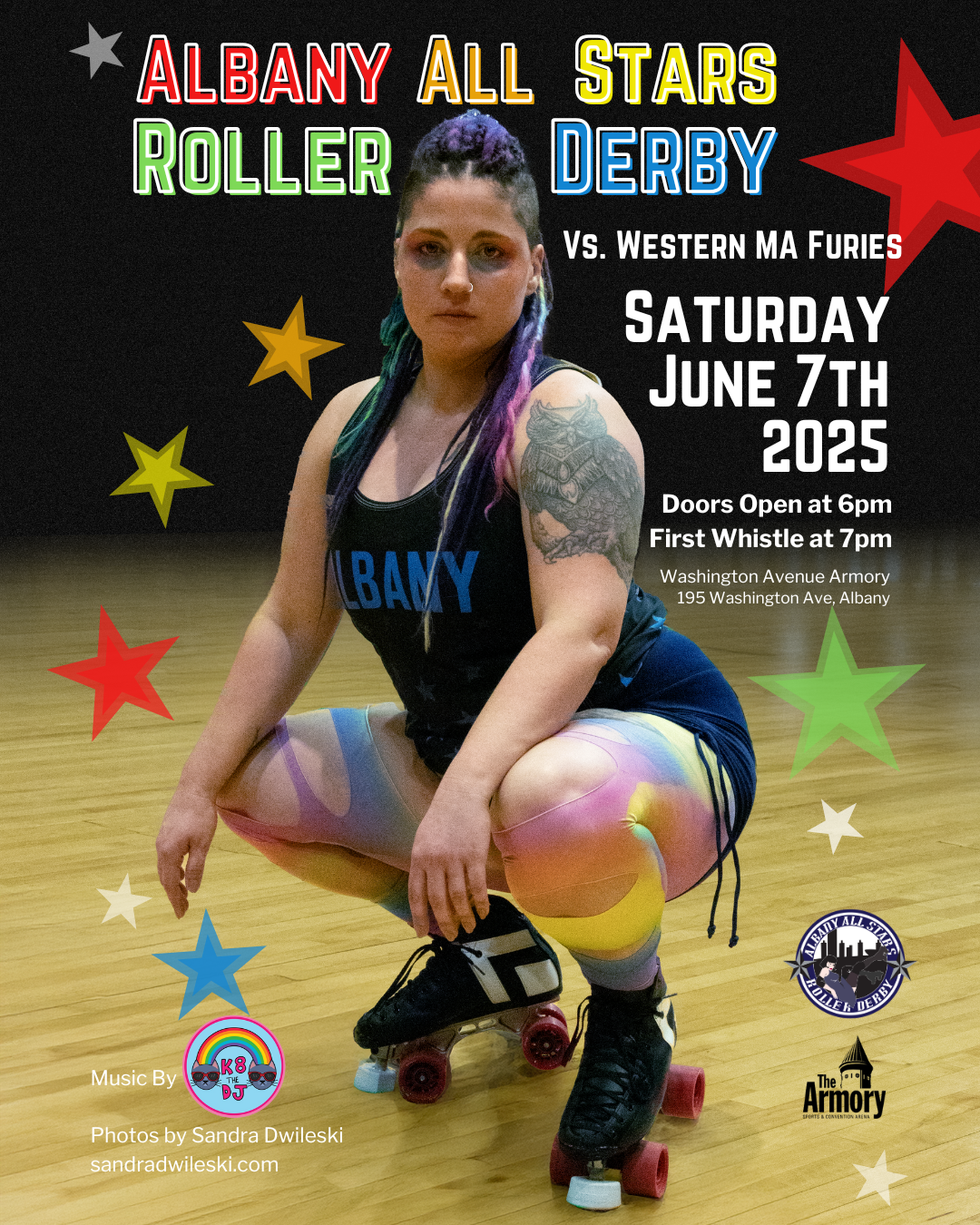 Promotional poster for a roller derby event featuring a skater in colorful rainbow leggings and black skates, crouching confidently on a wooden floor. The text reads: 