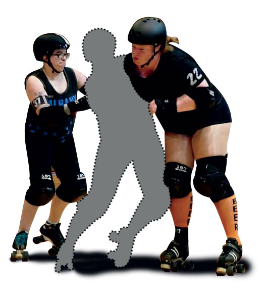 Two roller derby skaters in full gear, one wearing a black jersey with 