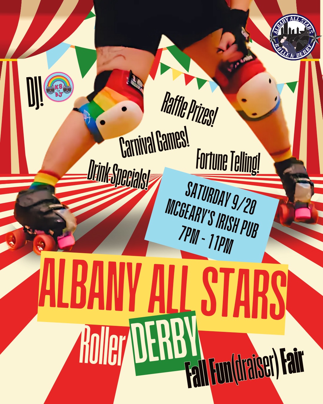 Poster for Albany All Stars Roller Derby Fall Fundraiser Fair on Saturday 9/20 at McGeary’s Irish Pub, 7–11 PM. Includes carnival games, raffle prizes, drink specials, fortune telling, and a DJ.