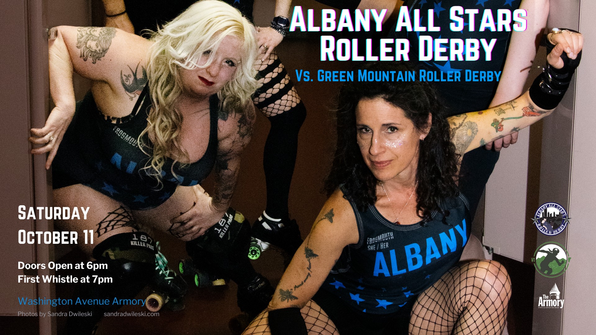 Poster for Albany All Stars Roller Derby vs. Green Mountain Roller Derby on Saturday, October 11 at the Washington Avenue Armory.