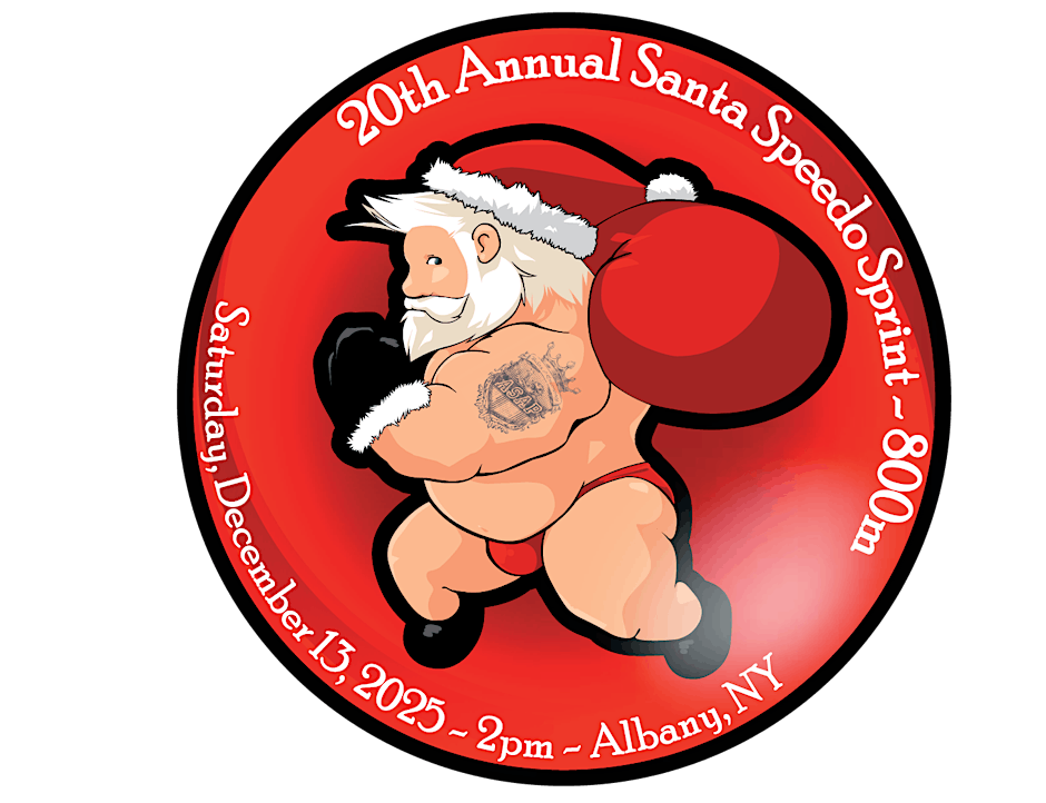 Promotional graphic for the 20th Annual Santa Speedo Sprint event showing a cartoon drawing of a muscular Santa Claus in a speedo carrying a sack, along with event details: Saturday, December 13, 2025, 2pm, Albany, NY.
