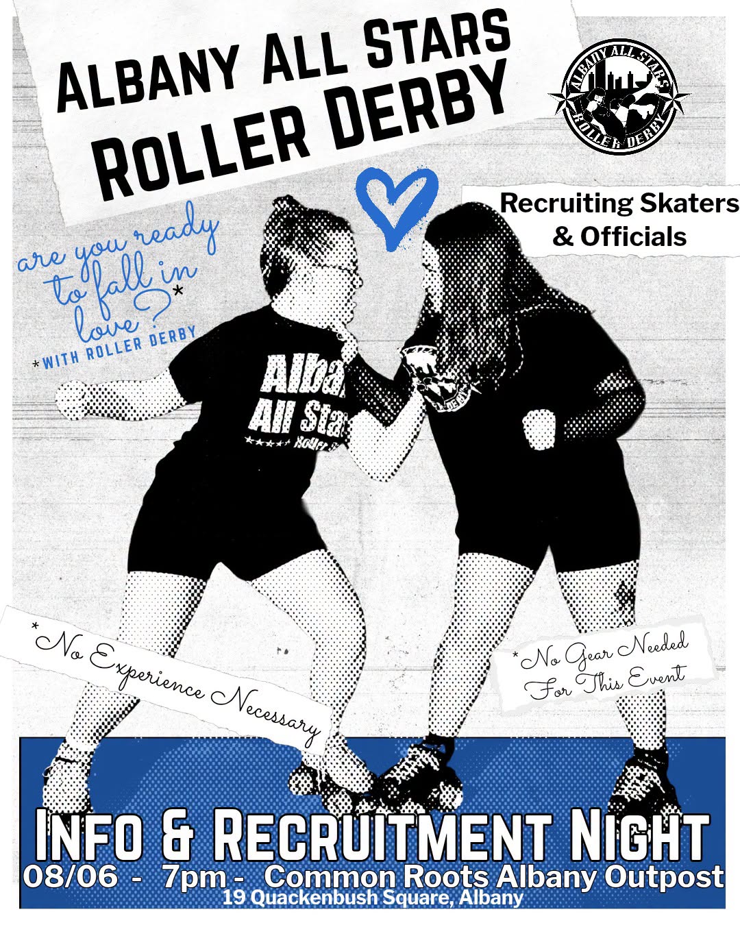Albany All Stars Roller derby recruitment night poster